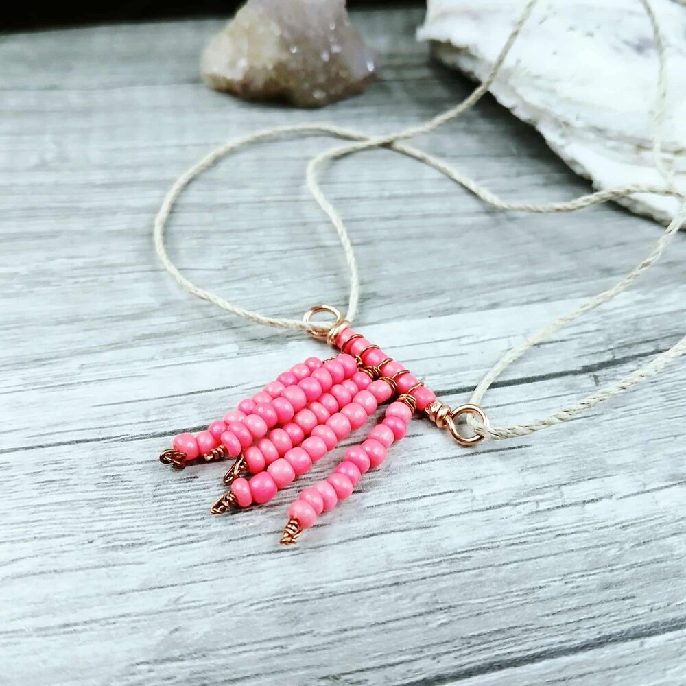 Pink Beaded Pendant Necklace, Seed Bead Jewelry, 17"